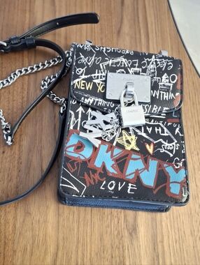 DKNY Elissa Graffiti Print Crossbody Bag in Black & Blue